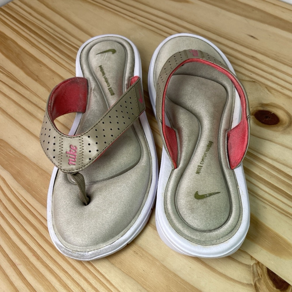 Nike Sz 9 Comfort Footbed Sandals PINK White Taupe Thong Flip Flop Slip On